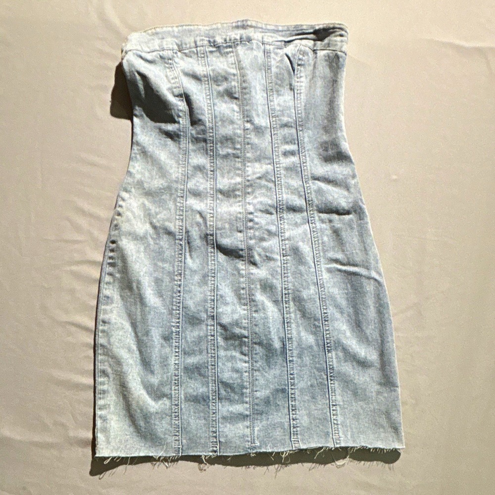 Princess Polly Strapless Denim Mini Dress Light Wash Raw Hem Bodycon US 4